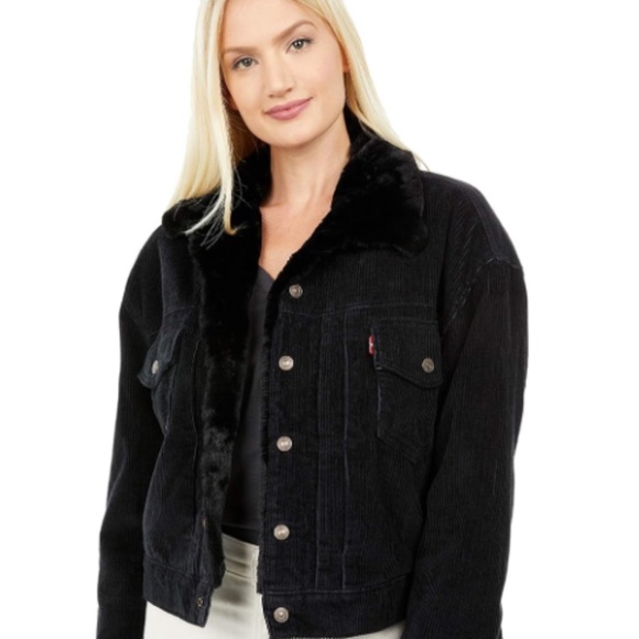 Levi’s large corduroy & faux fur (soft!) women’s heritage trucker black jacket - Picture 1 of 8